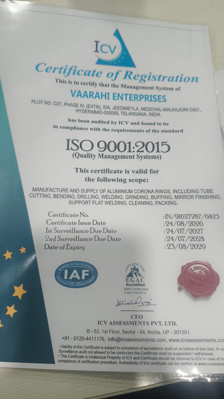Vaarahi Enterprises ISO 9001:2015 certificate